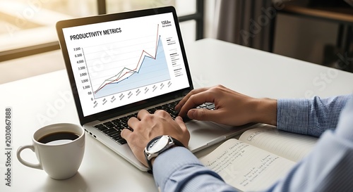 Business professional analyzing financial charts on laptop during morning coffee break at home office