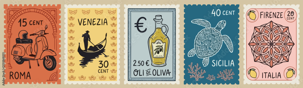 Fototapeta premium Summer Italy. Amalfi. Vector illustration of postage stamps with image of blue Italian Mediterranean tiles, wine, lobster on a plate, sardines can, sea shell, drawing for poster, placard or print.
