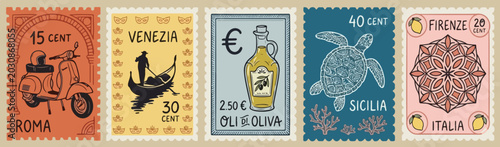 Summer Italy. Amalfi. Vector illustration of postage stamps with image of blue Italian Mediterranean tiles, wine, lobster on a plate, sardines can, sea shell, drawing for poster, placard or print.