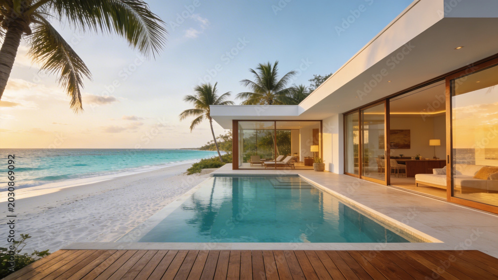 Fototapeta premium Modern house with infinity pool overlooking ocean at sunset