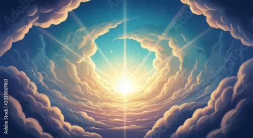 Heavenly Sunburst Through Clouds, Divine Light Rays, Spiritual Sky, Ethereal Atmosphere