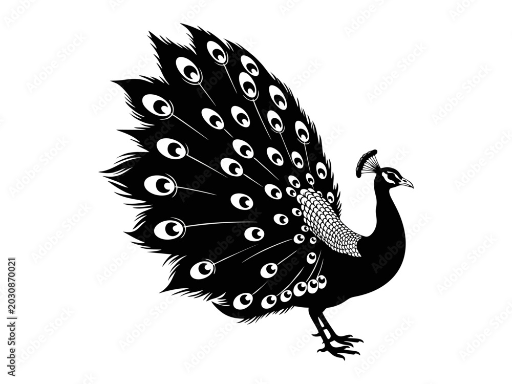 Fototapeta premium Elegant Peacock Silhouette Vector Art with Detailed Feathers