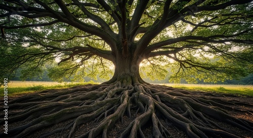 Majestic Ancient Oak Tree with Sprawling Exposed Roots in Golden Sunlight