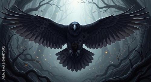 Majestic black crow flying with open wings in a dark, mystical forest with glowing embers.
