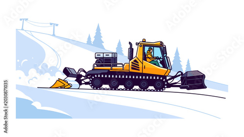 Foto Snow Groomer in Action: A bright yellow snow groomer meticulously carves a path on a snowy slope, with evergreen trees and power lines visible in the background