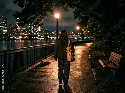 Person walking on wet riverside path at night