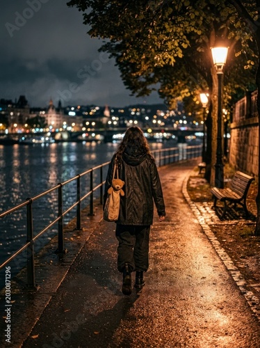 Person walking on wet riverside path at night