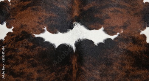 Close-up of a cowhide pattern with brown, black, and white patches, natural texture