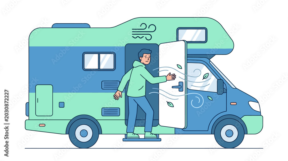 Fototapeta premium Illustration of a person entering a modern recreational vehicle camper van. EPS Editable. Vector Illustrations.