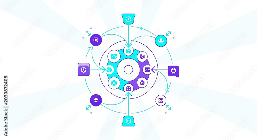 Naklejka premium Abstract Network Hub with Connected Icons and Arrows, Digital Flow