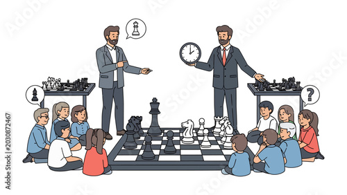 Quadro su tela Chess Lesson for Kids: An engaging chess lesson unfolds as a knowledgeable instructor demonstrates moves on a giant chessboard to a group of attentive children