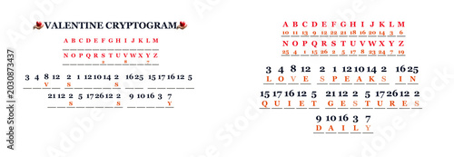 Cuadro en lienzo Valentine cryptogram with letters and numbers on white background