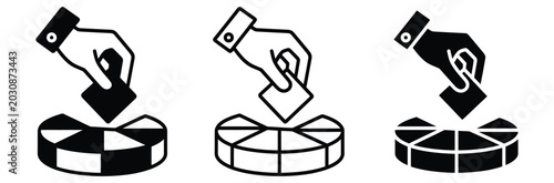 Tableau sur toile Three black and white icons depicting hands casting votes into ballot boxes for