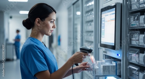 Nurse scanning medication in automated pharmacy dispensing system
