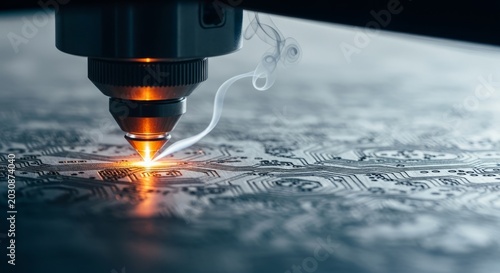 Precision laser engraving intricate circuit board design, high-tech manufacturing process