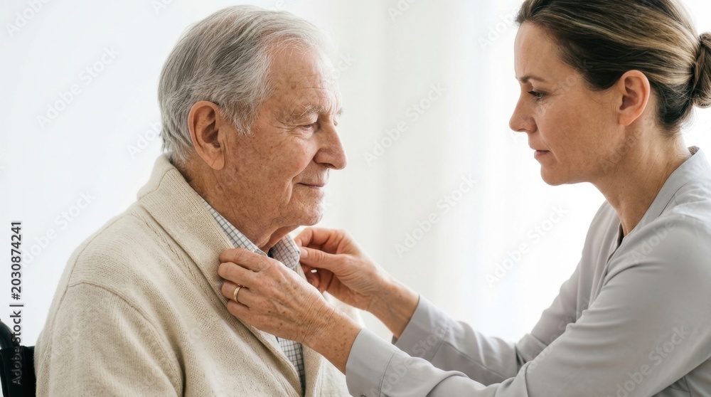 Obraz premium A professional caregiver assisting an elderly person with clothing, representing dedicated senior care, support, and companionship in a comfortable setting.