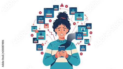 Stressed young person overwhelmed by digital overload and multiple login notifications. EPS Editable. Vector Illustrations.