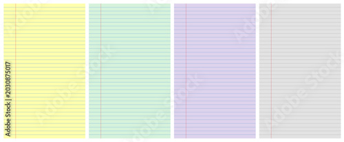 Yellow, green, purple, gray colored legal pad paper templates. Set of vertical lined blank memo note backgrounds.