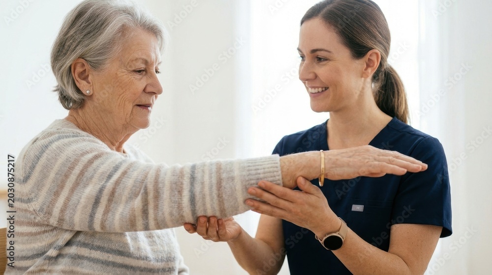 Naklejka premium A professional caregiver smiling while guiding the extended arm of a seated person during a session of physical therapy or movement rehabilitation.