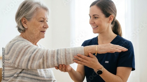A professional caregiver smiling while guiding the extended arm of a seated person during a session of physical therapy or movement rehabilitation.