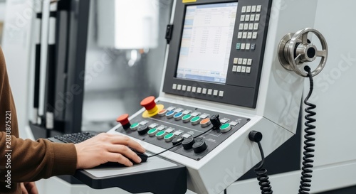 Technician operating CNC machine control panel with computer screen and mouse