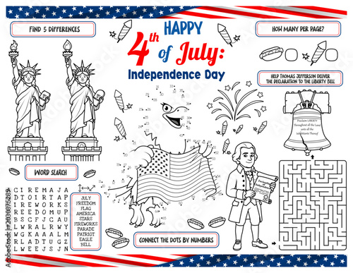 US Independence Day 4th of July educational activity worksheet for kids. Coloring page with American flag eagle connect the dots, Thomas Jefferson maze, find differences and word search game
