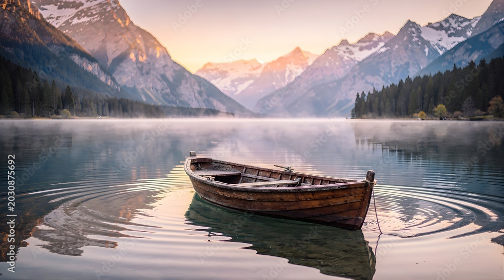 Obraz premium Empty wooden rowboat gently floating on calm lake water surface.