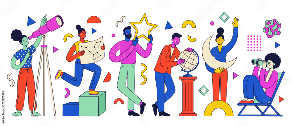 Fototapeta premium Astronomy and space exploration research team, flat vector illustration. Diverse people studying constellations, galaxy, stars and planets using telescopes, globes and charts in a fun modern style.