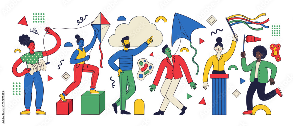 Fototapeta premium Diverse people group flat illustration, creative team activities, kites and colorful geometric shapes, business collaboration, playful teamwork, community connection, modern abstract graphic art set d