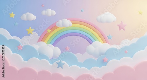 Whimsical Rainbow Arching Over Pastel Clouds with Stars