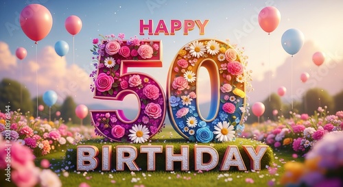 Happy 50th Birthday Floral Numbers Celebration with Balloons and Flowers Field