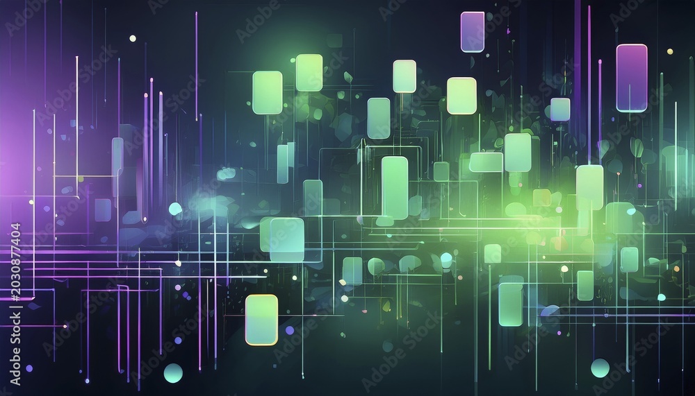 Obraz premium Abstract composition features floating rectangles and fading dots in a green and purple gradient, modern wallpaper background, AI generated