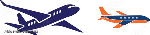 Bilde på lerret Two airplane silhouettes in blue and orange colors flying against a checkered background, symbolizing travel and adventure