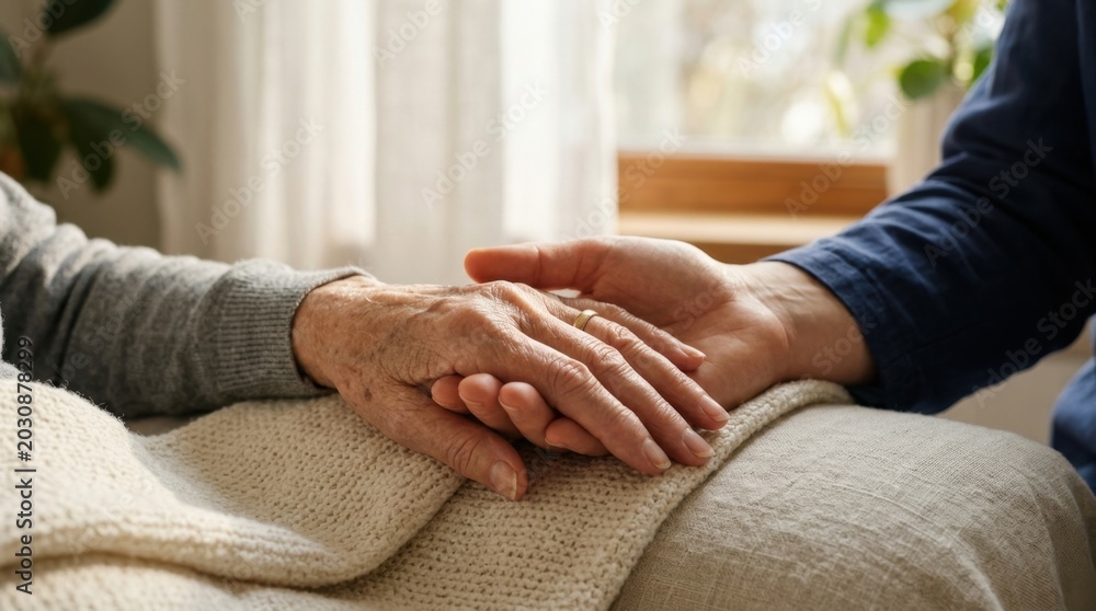 Fototapeta premium A compassionate caregiver holding the hand of an elderly person, capturing a moment of comfort, warmth, human connection, and dedicated emotional support.
