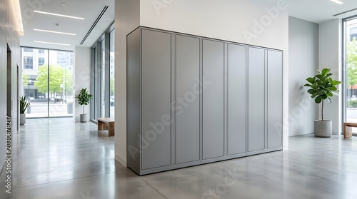 Modern storage lockers in a contemporary office hallway with natural light