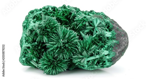 Natural Green Malachite Mineral Specimen with Fibrous Acicular Crystal Structure Isolated on White Background