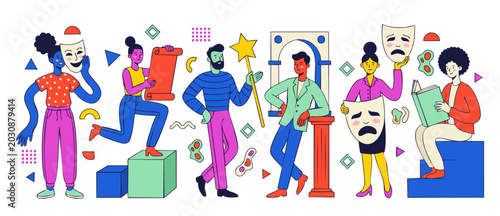 Vászonkép Theater Actors Performance Concept, Drama Masks And Creative Characters Vector Illustration