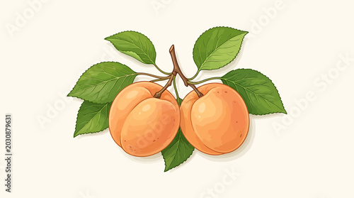Two ripe apricots with green leaves on a stem.
