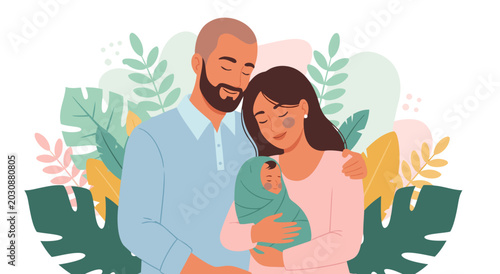 Foto Loving parents holding newborn baby vector illustration with nature plants in ba