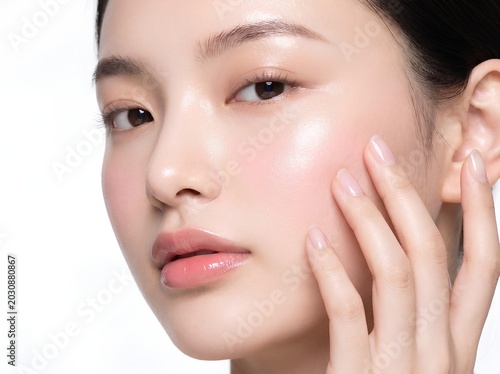 輝くような美肌の若いアジア人女性、完璧で均一な肌の顔に触れる様子、白背景のクローズアップ、新鮮でナチュラルなスキンケアとビューティーのコンセプト
