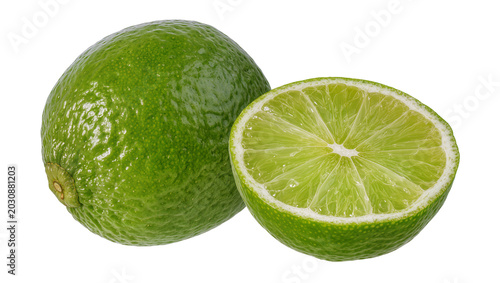 Whole green lime and half cut lime showing juicy pulp