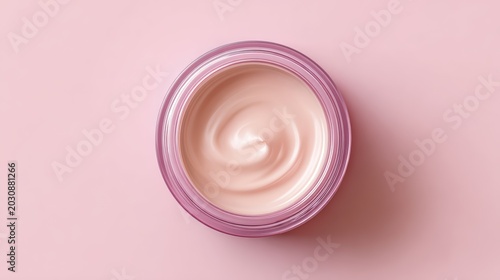 cosmetic cream jar showing smooth texture inside, top view minimal beauty concept, pastel color palette background and surface