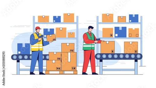 Fotografie Warehouse Operation: Two workers in a brightly lit warehouse are busy managing inventory, with boxes on shelves and a conveyor belt system in action