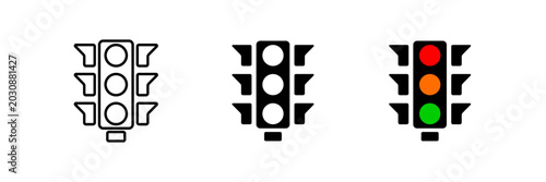 Traffic Light Icon Set in Outline, Solid, and Color Styles - Red Orange Green Signal Vector Isolated on White Background