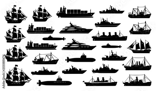 Obraz na płótnie Nautical ship silhouette vector illustration with pirate boats yachts submarines