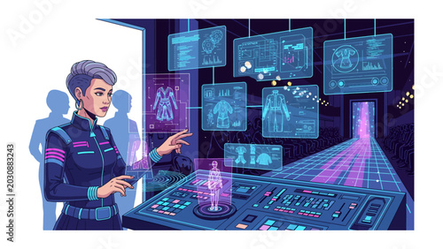 Photos Futuristic Control Room: A woman in a futuristic uniform operates a high-tech console displaying holographic schematics and data in a dimly lit control room