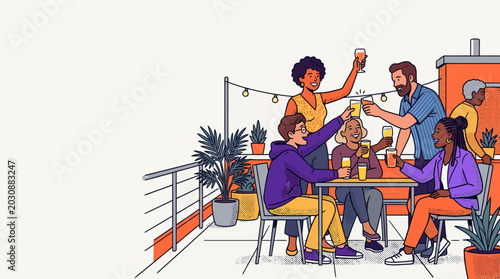 Modern Illustration of a Diverse Group of Friends Enjoying Drinks and Socializing on a Rooftop Balcony with Copy Space