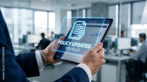 Professional reviewing updated company policy rules on a digital tablet in an office setting