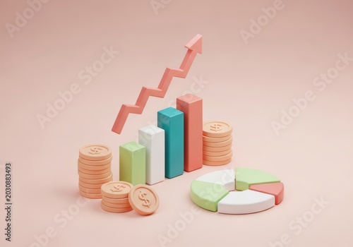 3D Financial Growth Concept with Bar Chart, Rising Arrow, Pie Chart and Stacks of Coins on Pink Background