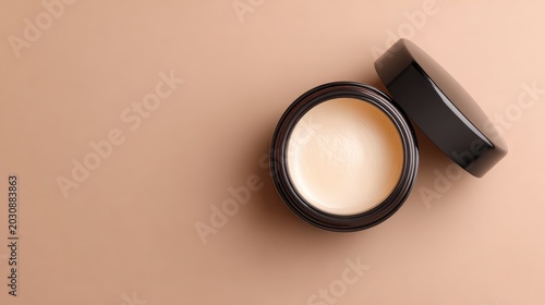 open cosmetic cream jar with lid beside it, top view composition, soft pastel minimal surface and matching background palette, elegant skincare product photography